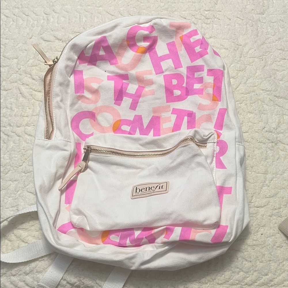 Benefit White Backpack with Pink and Orange Accents
